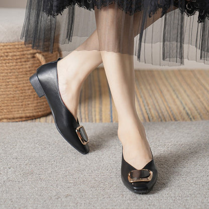 Woman Summer Casual Square Toe Cute Metal Mary Janes Buckle Ballerina Flats Female Bling Elegant Low Heeled Soft Soled Shoes
