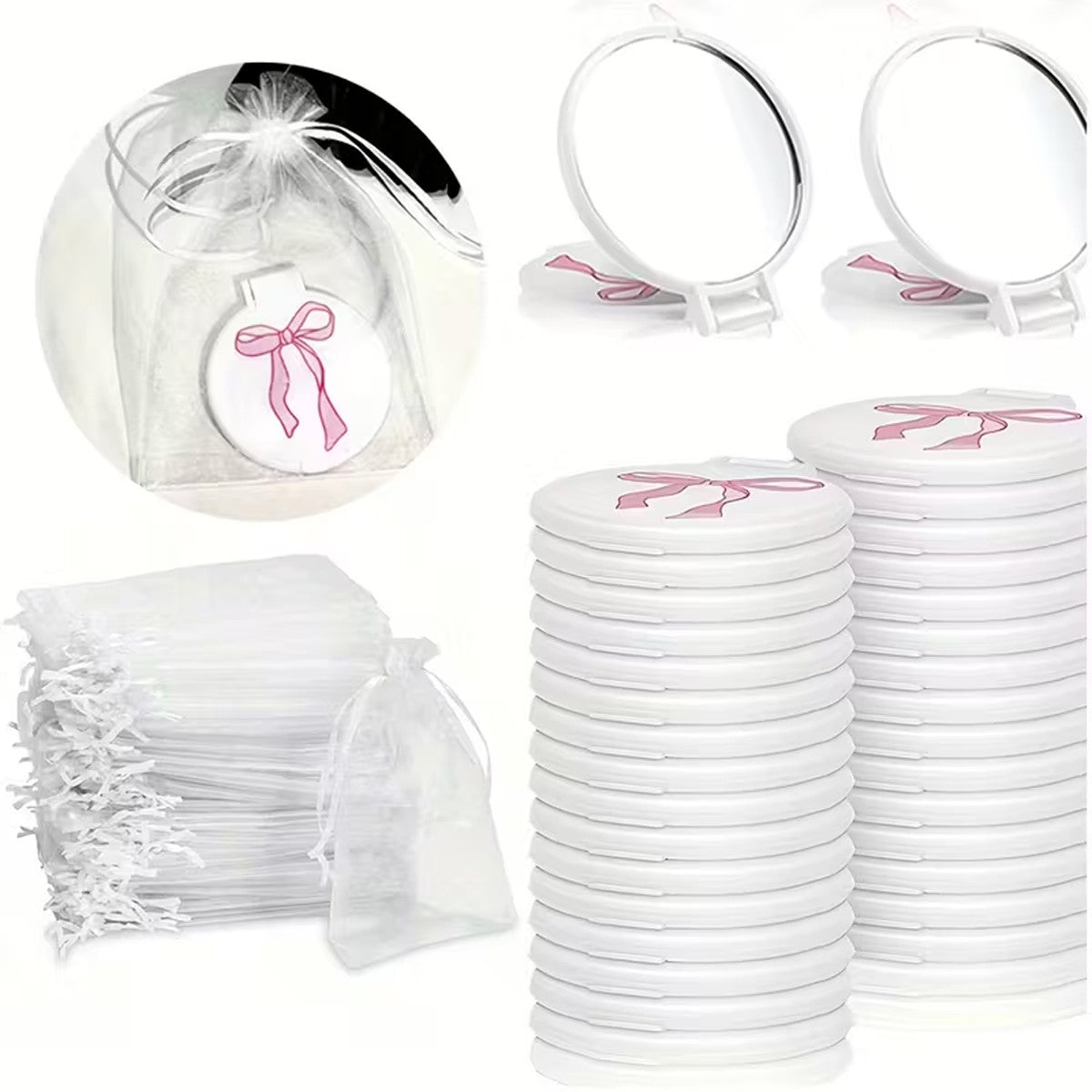 5 Set Pink Bow Mini Pocket Mirror - Vanity Accessories for Women, Birthday Party Favors, Wedding Anniversary Bridal Shower Gifts