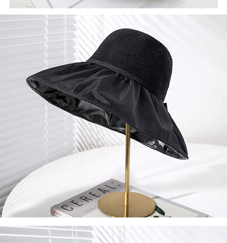Summer Sun hat women's straw woven anti ultraviolet sun visor hat with big brim seaside black glue breathable Bucket hat sun hat