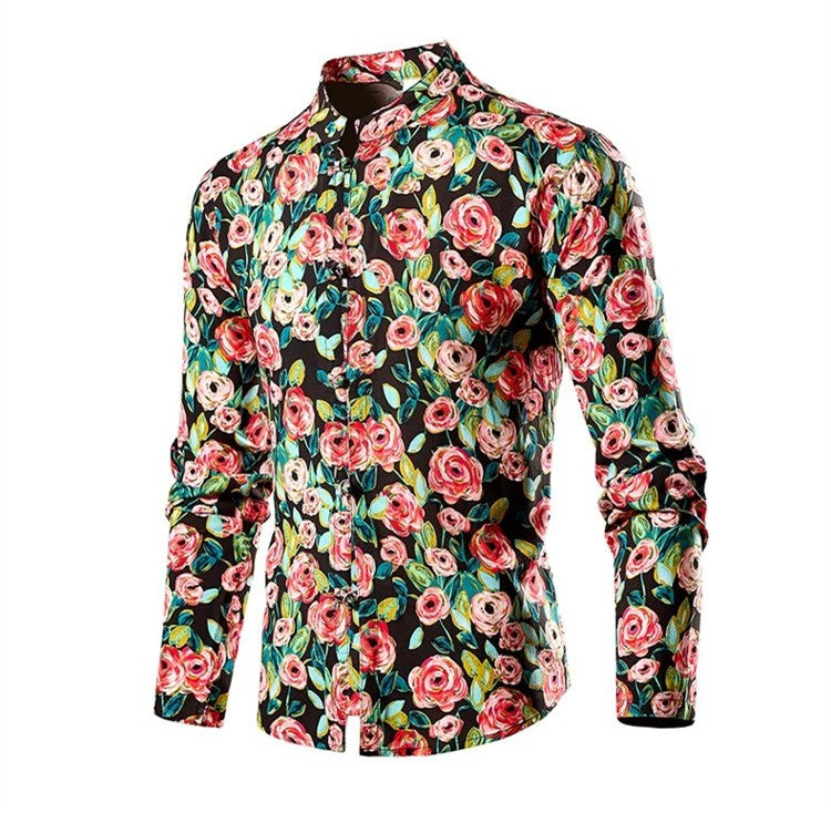 Chinese Style Men's Stand-up Collar Long-sleeved Shirt, Single-breasted Printed Shirts, Fashion Casual Camisas, Red Green Blue