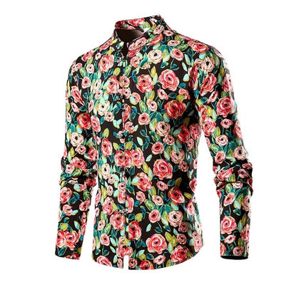 Chinese Style Men's Stand-up Collar Long-sleeved Shirt, Single-breasted Printed Shirts, Fashion Casual Camisas, Red Green Blue