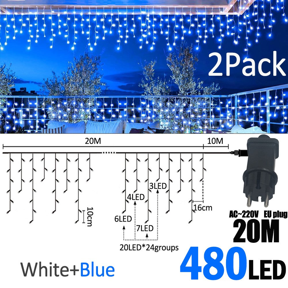 LED Christmas Icicle Curtain String Lights 20M+10M 480LED Extens 8Modes, Plug in Waterproof for Wedding Party Home Garden