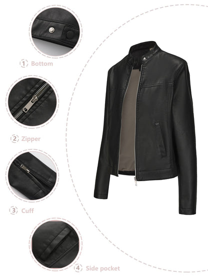 Black Women's Fitted Leather Jacket with Front Zipper & Side Pockets?, Available in Brown, Navy Blue, and Beige.