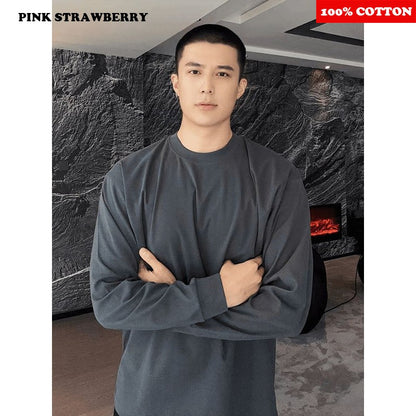 100% Cotton White Long sleeve T-shirt Men Autumn 2025 New Solid color High quality Loose Casual Black Tee Y2k Top Men clothing