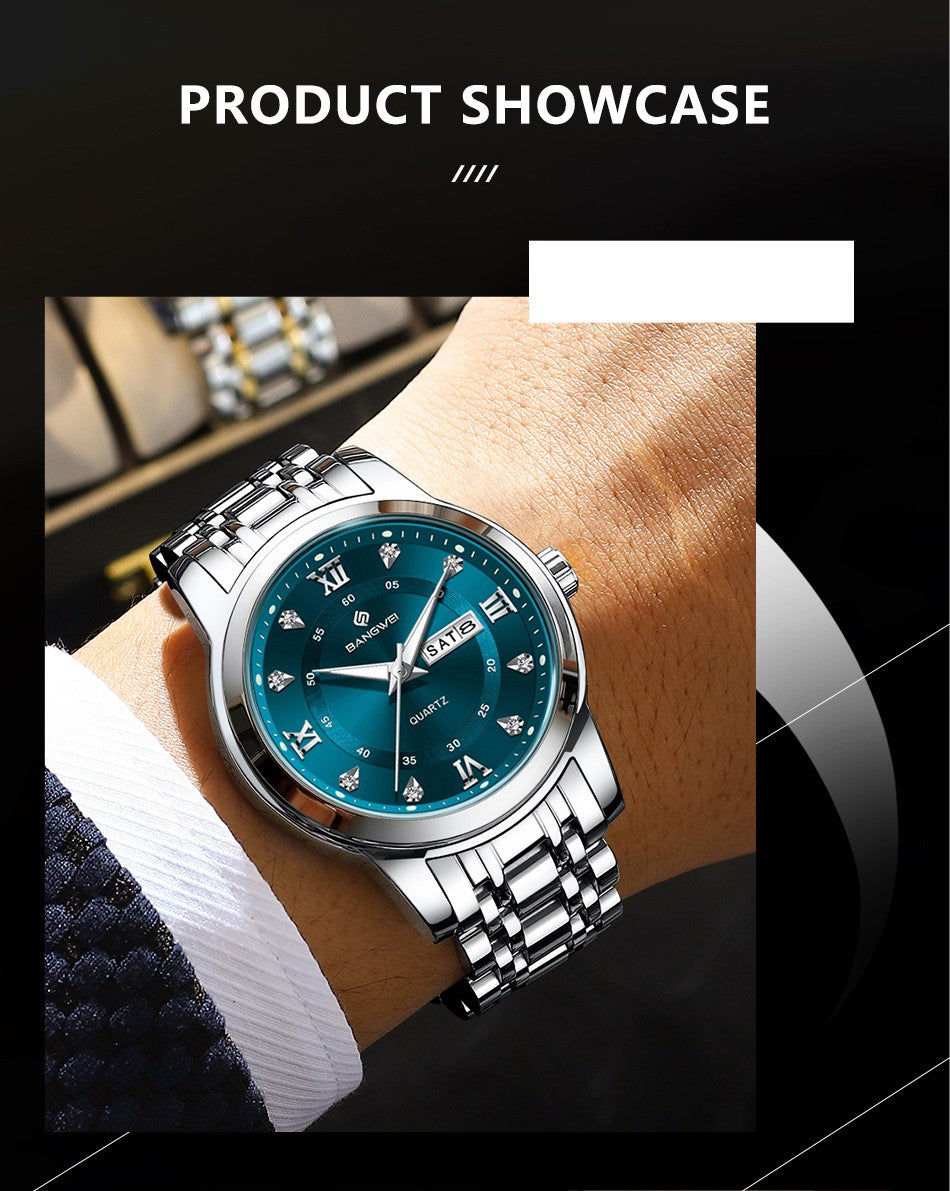 LIGE Brand BANGWEI Quartz Man Watch Fashion Stainless Steel Band Business Luxury Diamond Waterproof Calendar Watches for Men+Box