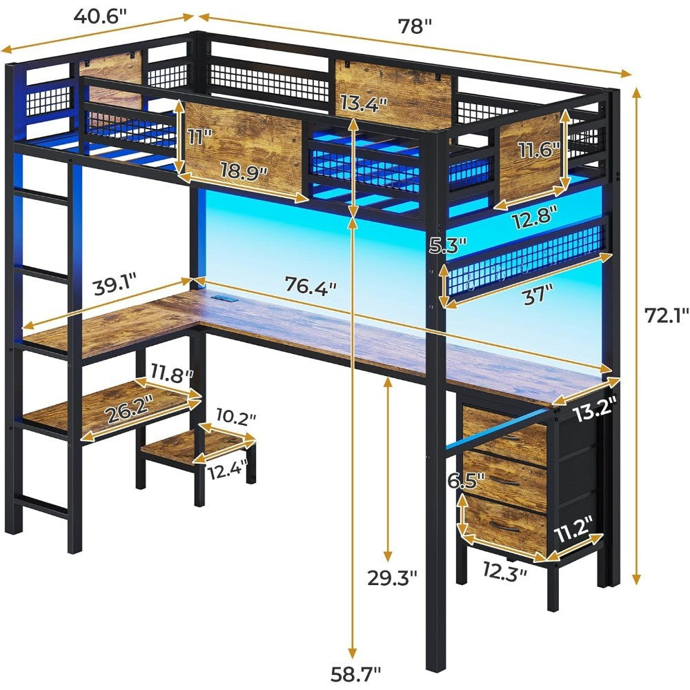 Cama Alta Tamanho Solteiro com Escrivaninha em L, Luzes LED, Estação de Carregamento, Estrutura de Cama Alta de Metal Tamanho Solteiro com Gavetas de Tecido e Prate