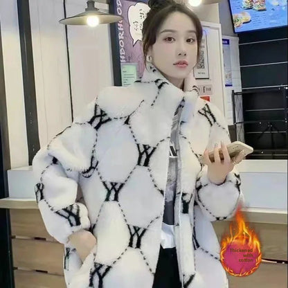 Ladies Thickened Cotton Lamb Fur Jacket Korean Style Winter Outerwear Loose Versatile Trendy Coat Warm Comfortable Soft Material
