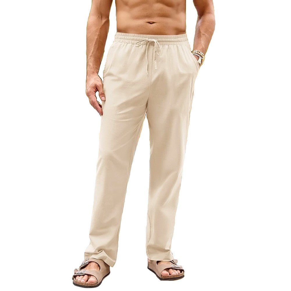 Calça Masculina de Algodão e Linho Pernas Retas Estilo Praia Leve Respirável Casual Com Cordão e Cintura Elástica