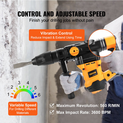Furadeira de Impacto Rotativa SucceBuy 1600W Perfuração Máxima 42mm 3 Modos Demolição Com Fio Máximo Rompimento de Concreto e Metal Martelo Demolidor