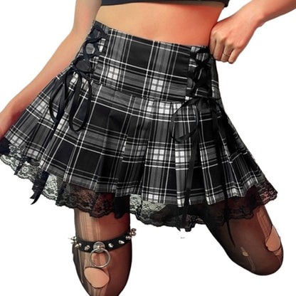 E-girl Retro Lace Up Pleated Skirt High Waist Plaid Print Mesh Stitching Hem Y2K Aesthetic Gothic Black Pink Mini Skirts Bodycon