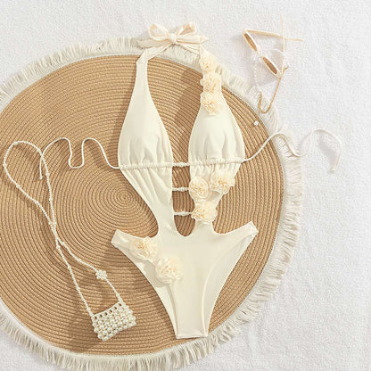 2025 New 3D Flowers One Piece Swimsuit Women Solid Sexy Hollow Out Swimwear Tropical Summer Beachwear Bathing Suit Bodysuit