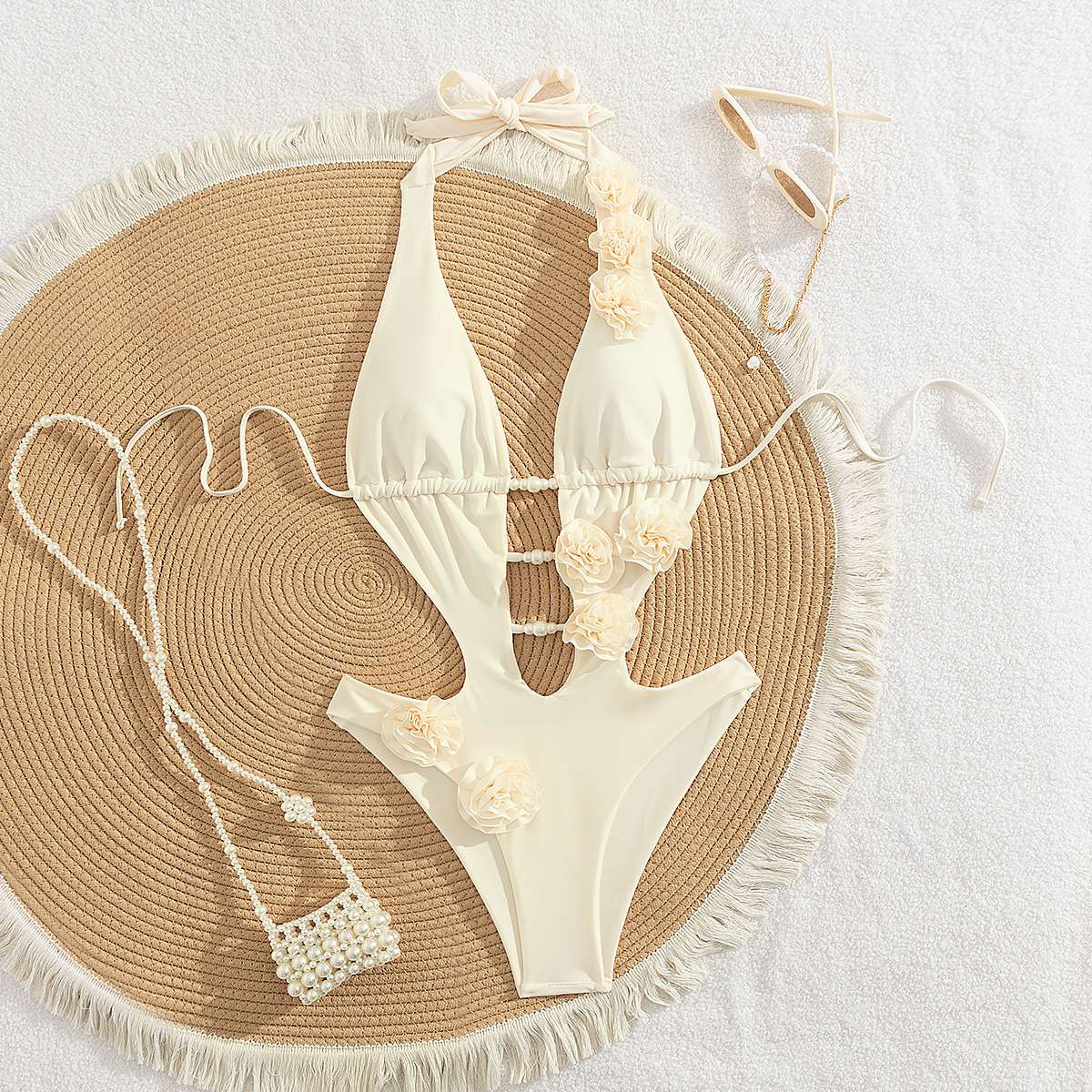 2025 New 3D Flowers One Piece Swimsuit Women Solid Sexy Hollow Out Swimwear Tropical Summer Beachwear Bathing Suit Bodysuit