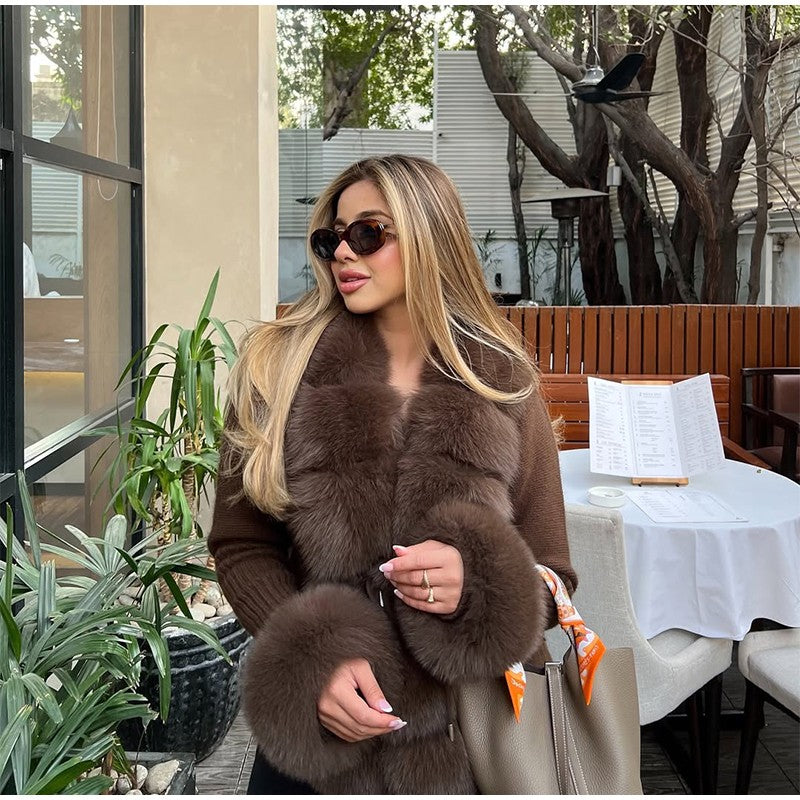 Elegant Knitted Faux Fur Patchwork Women's Coat Thicken Lady Coats 2025 Autumn Winter Chic Female Street Warm Outerwears