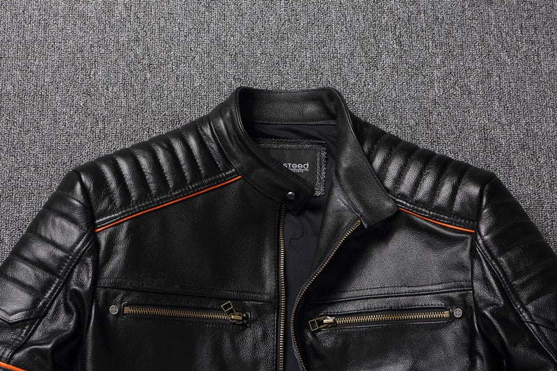 Men's Spring Original Leather Motorcycle Jacket 2025 Skull Embroidery Top Layer Cowhide Clothing Slim Fit Black Slim Male Coat