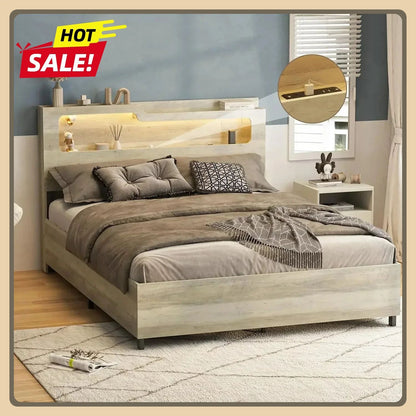 [Oferta por Tempo Limitado + Frete Grátis!] Cama Queen Size com Baú e Estação de Carregamento, Cabeceira de 2 Níveis