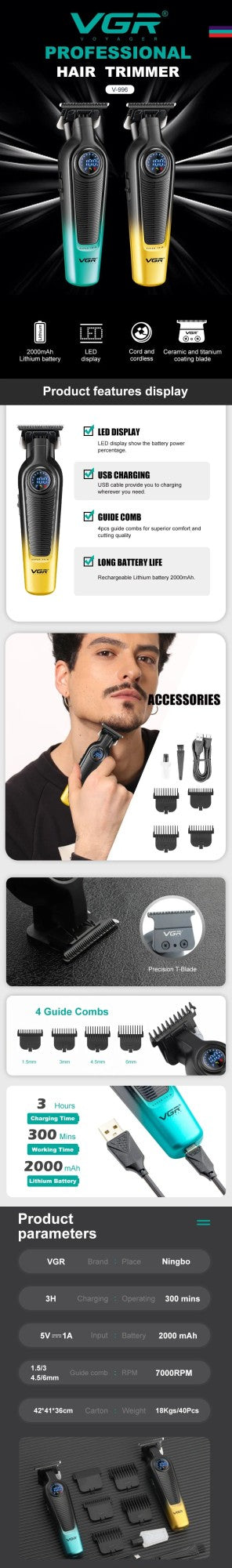 VGR 196 Professional Hair Clipper DLC Blade LED Display Cordless USB Ceramic Blade Men's Haircut Machine Hair Trimmer Machine