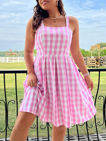 Plus Size Spring/Summer New Arrival Strapless Backless Dress Full Skirt Hem Holiday Beachwear Pink Checkered Dress
