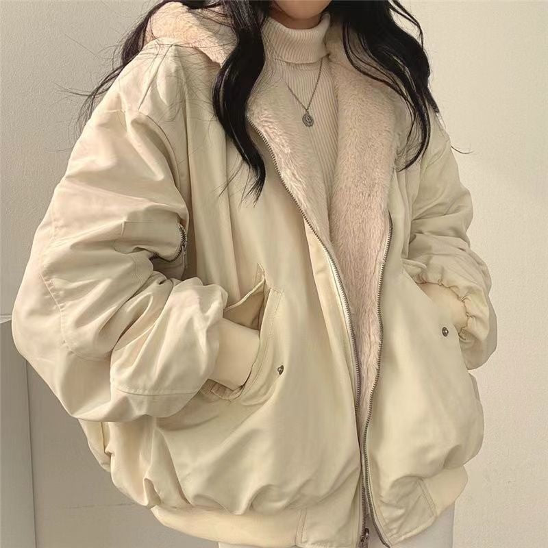 Korean Fleece-Lined Thickened Reversible Lambswool Cotton Jacket Women's Autumn Winter New Zipper Hooded Cotton Coat Top