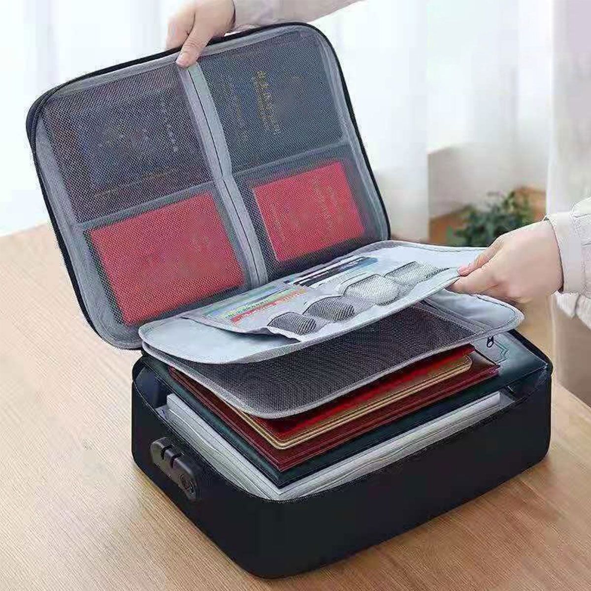 Pasta Organizadora de Documentos de 3 Camadas Maleta Suporte para Pasta Masculino Feminino Bolsa Carteira Passaporte Cofre Doméstico Estojo Funcional para Armazenamento de Arquivos