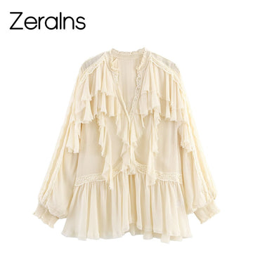 ZEAINS Beige French V-neck lace ruffle court style chiffon long sleeved shirt top for women in autumn