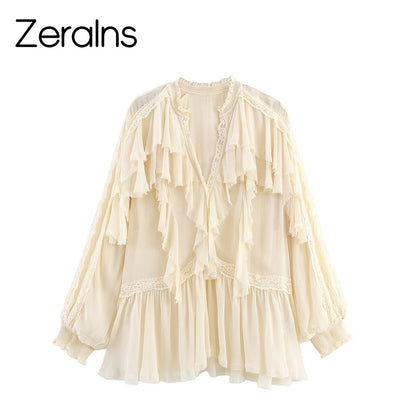 ZEAINS Beige French V-neck lace ruffle court style chiffon long sleeved shirt top for women in autumn