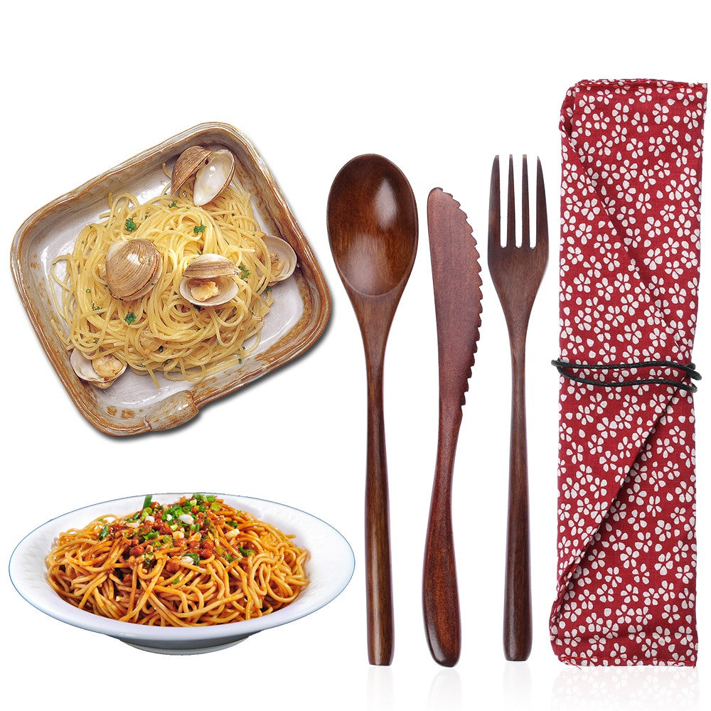 Conjunto de Talheres de Madeira Colher Garfo Cortador Reutilizável Madeira Bambu com Bolsa Portátil Louça Utensílios de Mesa Material para Almoço Estudantil