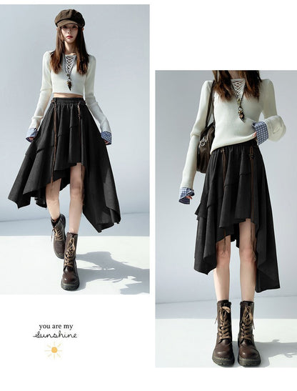 Caramel Suede Half-length Skirt Women's Autumn Winter New Irregular Belt Slim A- Line Midi Umbrella Skirt Comfortable Casual S .