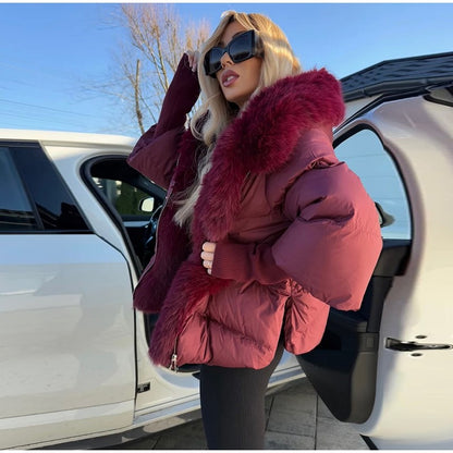 Vintage Women's Fur Coat Elegant Furs Collar Puffer Thicken Full Sleeve Jacket With Furs Female 2025 Autumn Winter Woman Coats