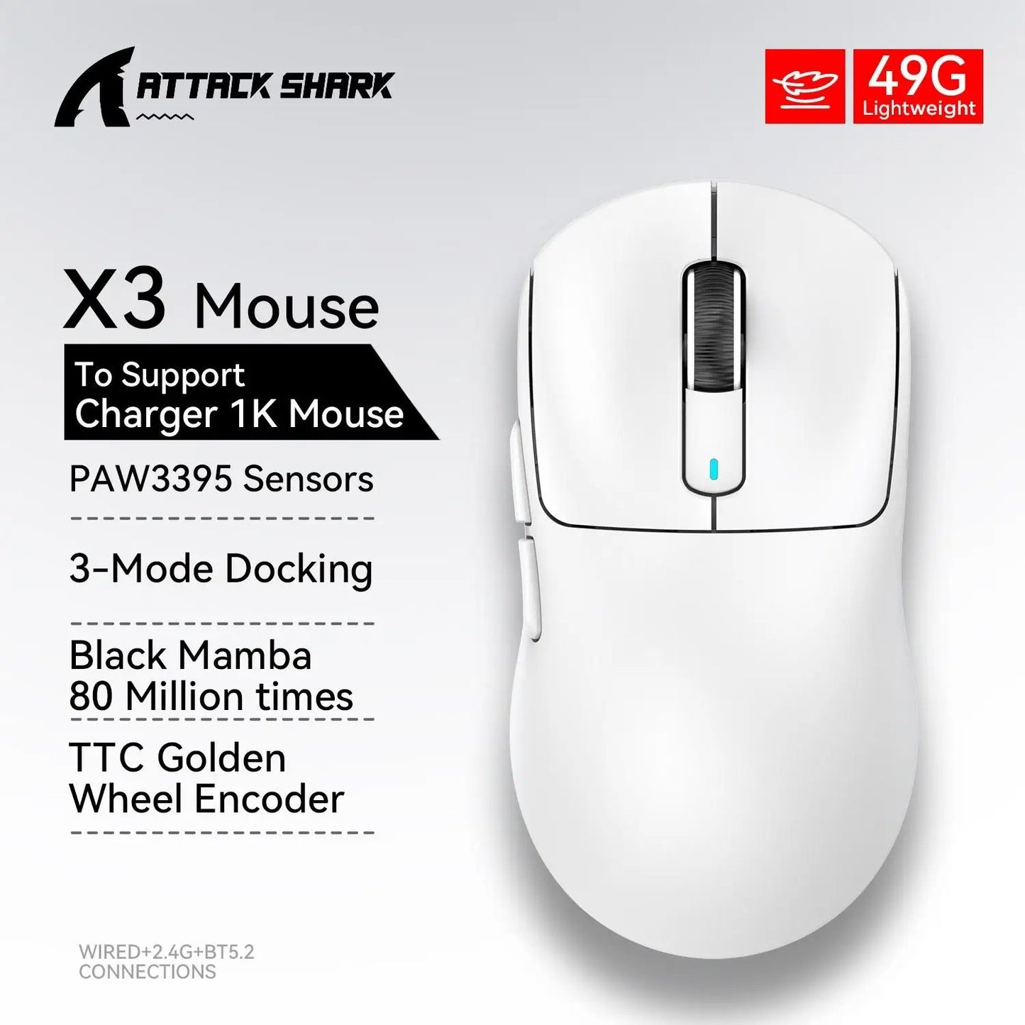 Mouse Gamer Sem Fio Attack Shark X3 49g Ultraleve Sensor PAW3395 26K DPI Tri-Mode Macro Programável RGB para PC/Mac