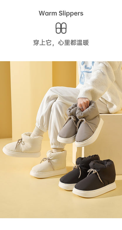 Winter Warm Thick Furry Women Ankle Boots Indoor Lace-up Plush Slippers Ladies Men Home Cotton Shoes