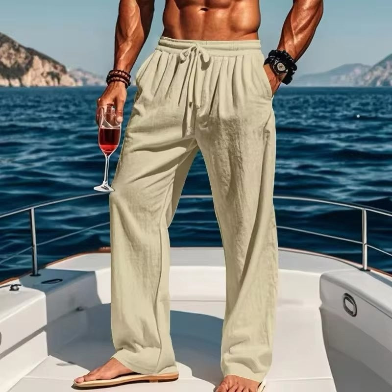 2024 Primavera/Verão Novas Calças Masculinas de Algodão e Linho Moda Verão Casual Cor Sólida Solta Plus Size M-4XL