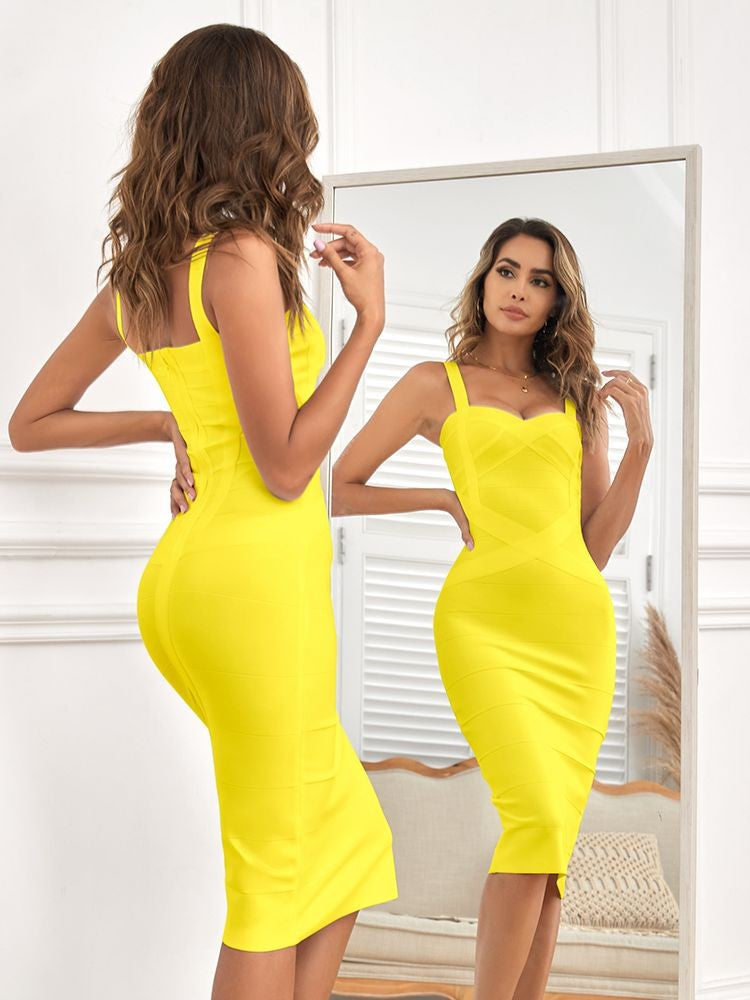 BEAUKEY Sexy Vintage Quality Evening Yellow Bandage Dress 2023 Women Summer Blue