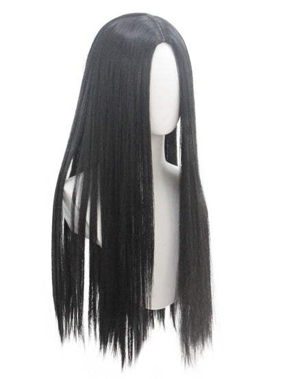 A Família Addams Personagem de Filme Peruca Preta Longa Lisa Sintética para Halloween Cosplay Peruca Adequada para o Filme
