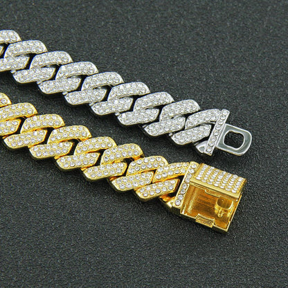 3pcs Necklace+Bracelet+Watch Cuban Chain Watch for Men Hip Hop Miami Curb Iced Out Paved Rhinestone Rapper Cuban men Jewelry set