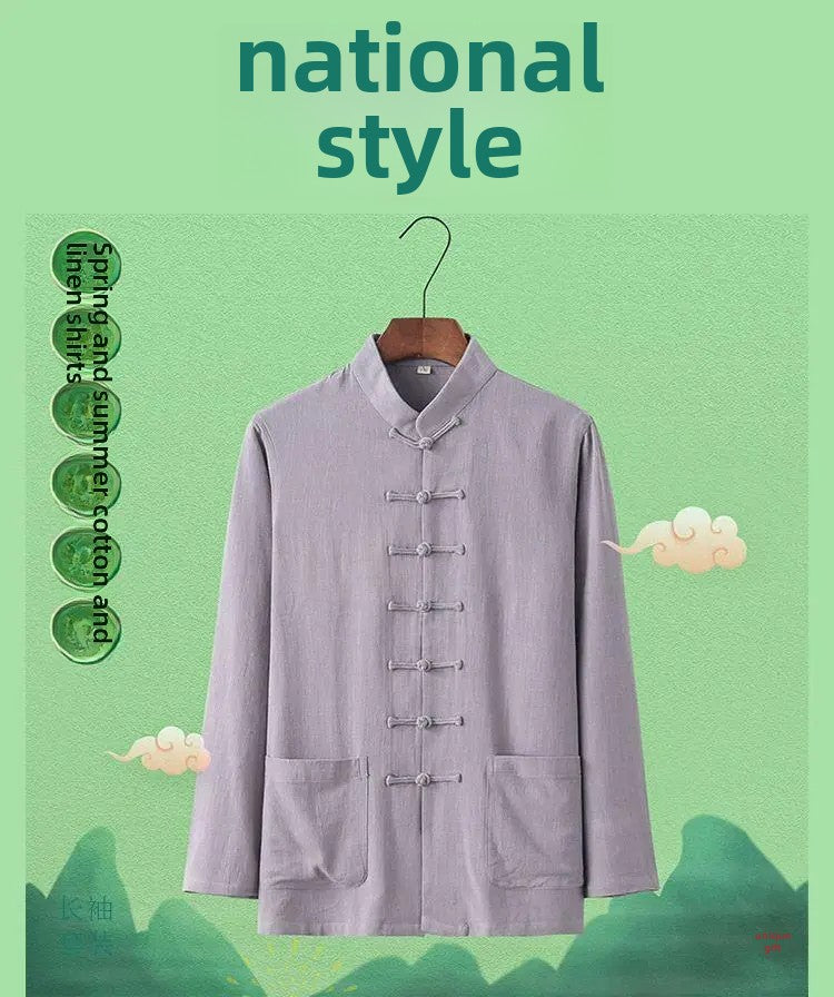 Spring Summer Long Sleeve Thin Men's Shirt Tang Suit Bamboo Cotton Linen Casual Vintage Chinese Style Kung Fu Tai Chi Tea Shirt