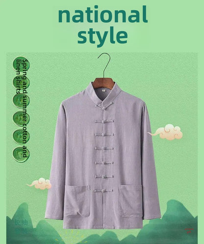 Spring Summer Long Sleeve Thin Men's Shirt Tang Suit Bamboo Cotton Linen Casual Vintage Chinese Style Kung Fu Tai Chi Tea Shirt