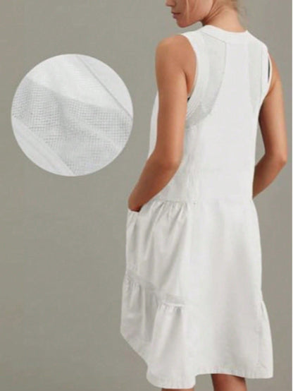 Fisoew Women's Sleeveless Mini Dress Half Zip V Neck Casual Mesh Back Summer Dress with Pockets sexy dress