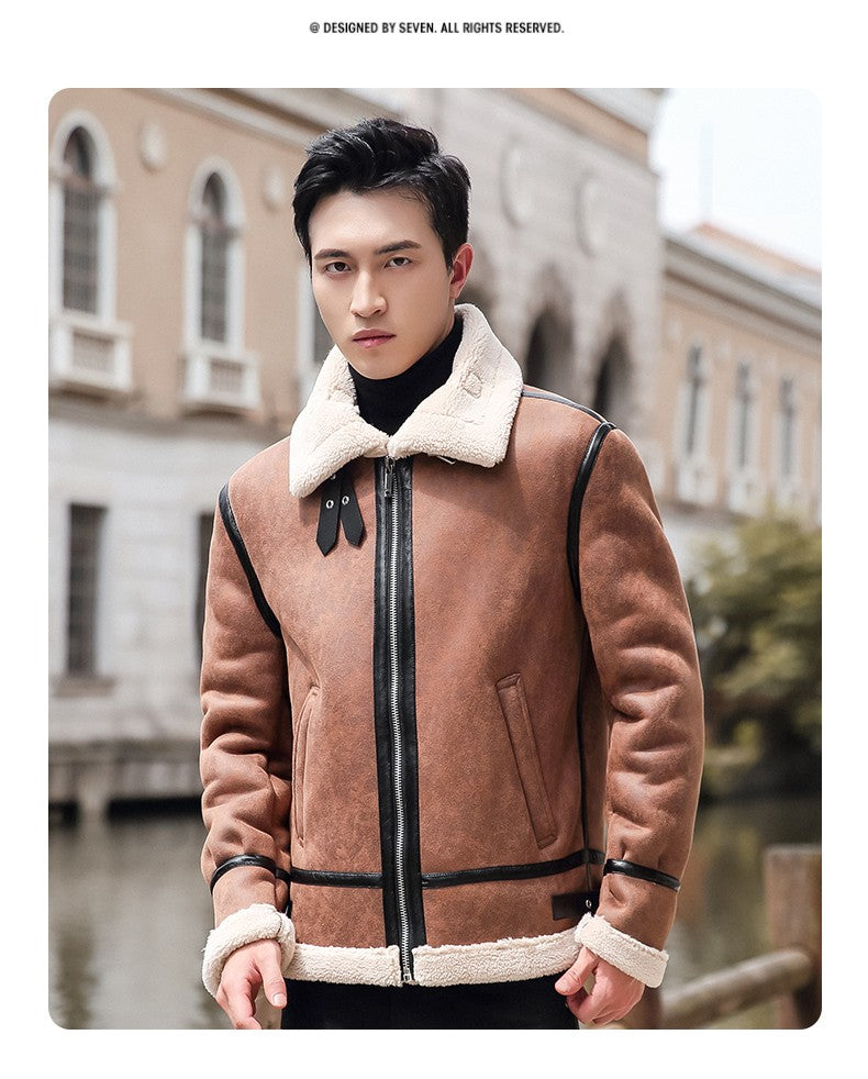 Lamb Cashmere PU Leather Jacket Mens Plus Velvet Men Winter Warm Motorcycle Thickened Leather Coat Man Fleece PU Leather Coats