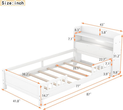 Estrutura de Cama de Solteiro com Cabeceira Armário, Branco - Cama Infantil de Madeira Maciça com Luz LED Embutida, Grade de Proteção e Estrado - 87L x 43