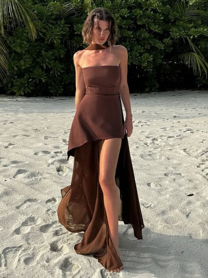 TARUXY Fashion Strapless Dress With Ribbon Female Elegant Sleeveless Mesh Beach