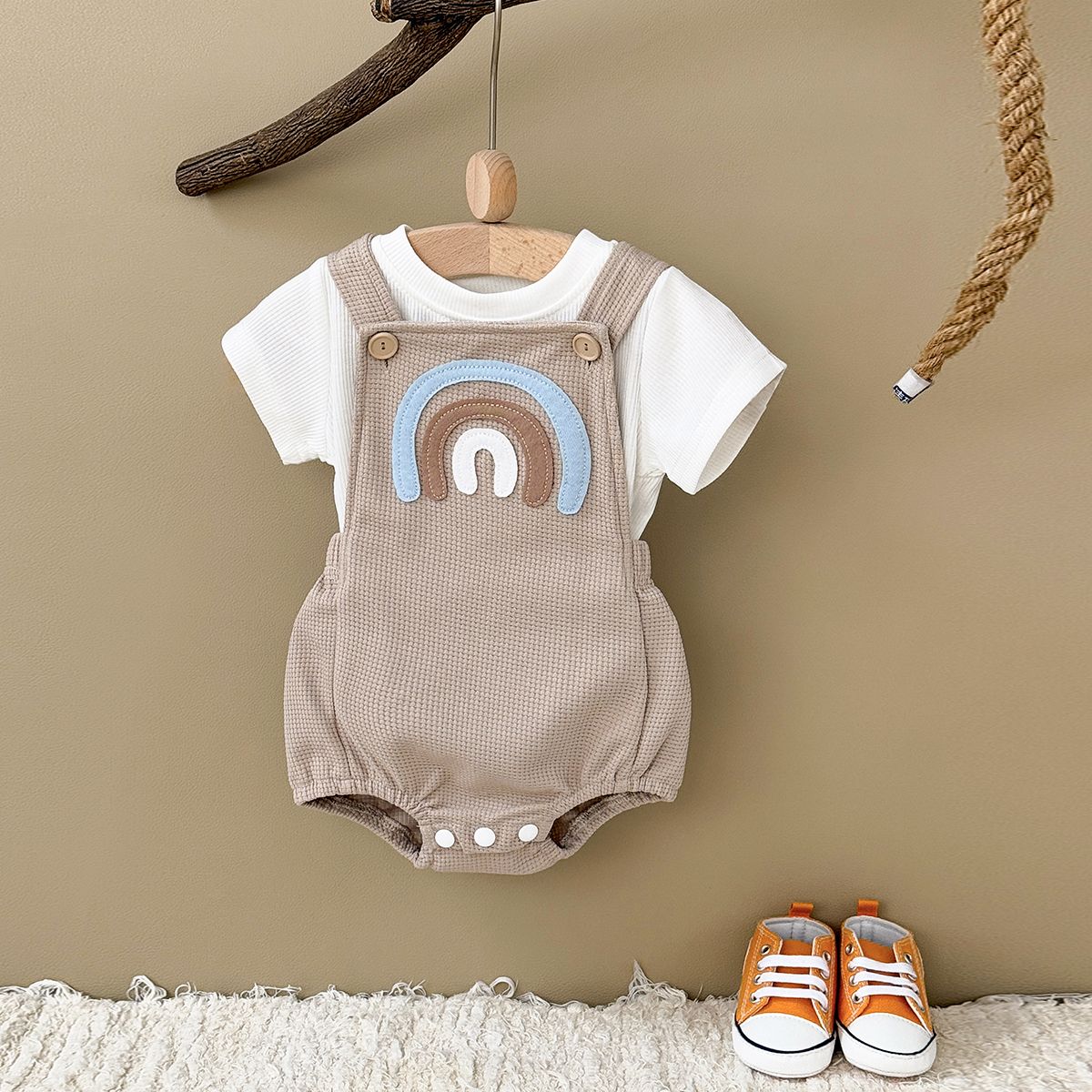 Newborn Baby Boys Clothing Summer Girls Set Waffle Rainbow Patch Overalls Romper Jumpsuit+Short Sleeved Shirt Clothes 2Pcs/Set