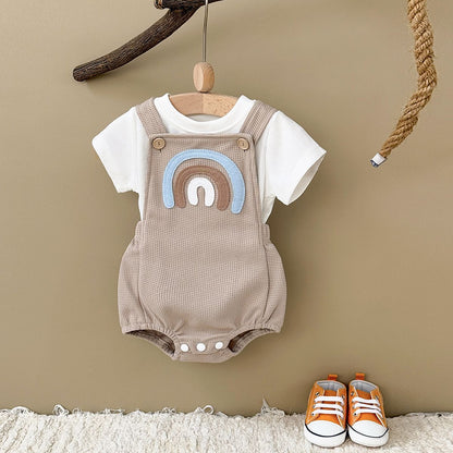 Newborn Baby Boys Clothing Summer Girls Set Waffle Rainbow Patch Overalls Romper Jumpsuit+Short Sleeved Shirt Clothes 2Pcs/Set