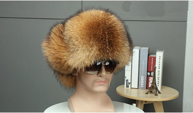Real Fur 100% Fox Skin Russian Businessmen Pilot Bombers Full Mao Men's hat Ushanka Winter Ear Guard Hat Raccoon Fur Beanie hat