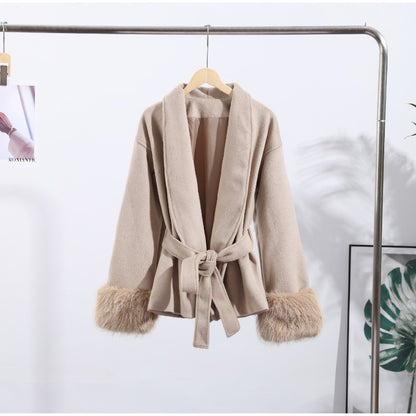 2025 Chic Lapel Plush Coat With Belt Women Vintage Solid Faux Fur Sleeve Tweed Open Coats Female Autumn Casual Street Outwear