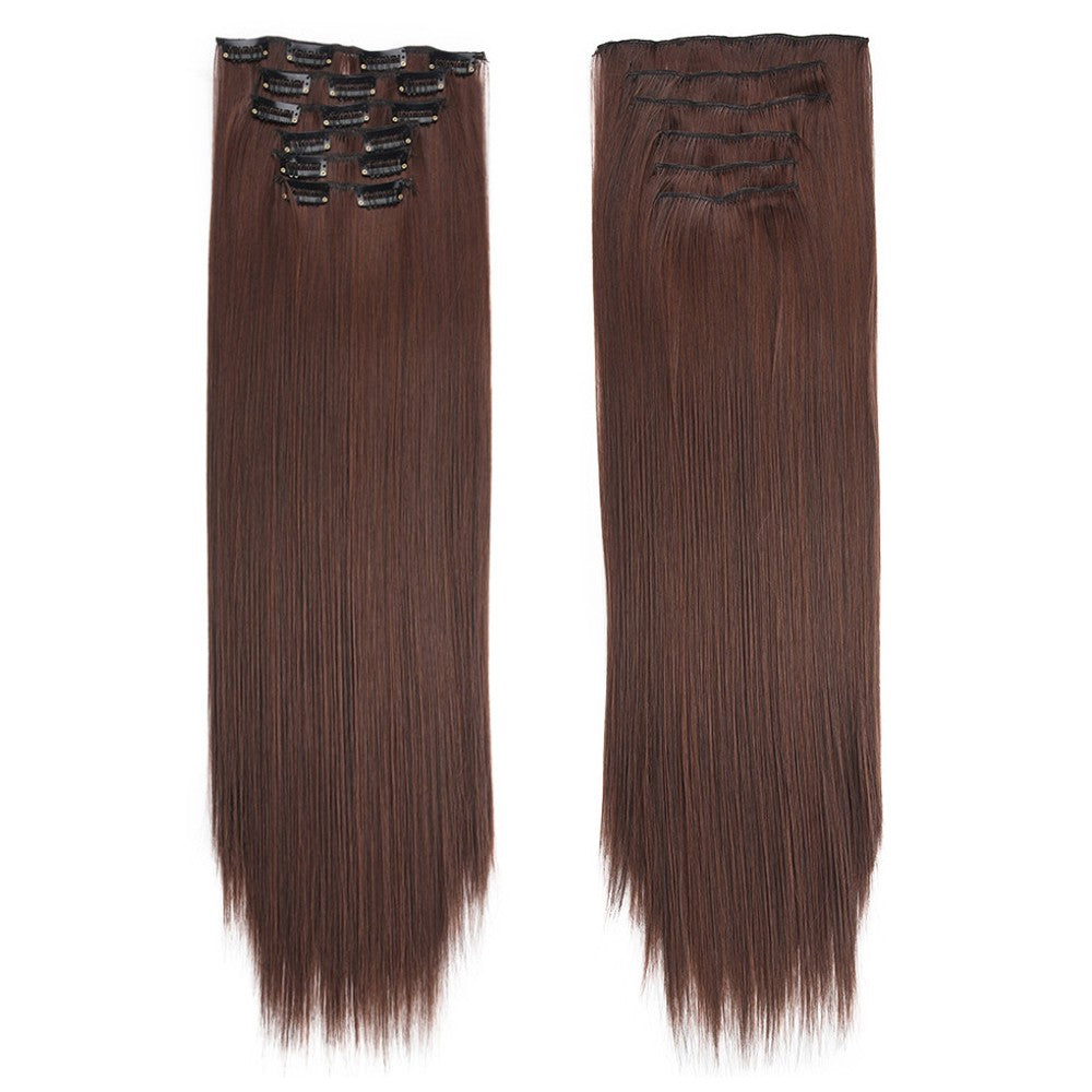 16 Presilhas em Extensões de Cabelo 60cm de Comprimento Liso Sintético Loiro Preto Peças de Cabelo Resistente ao Calor Cabelo Falso 6 Peças/Conjunto