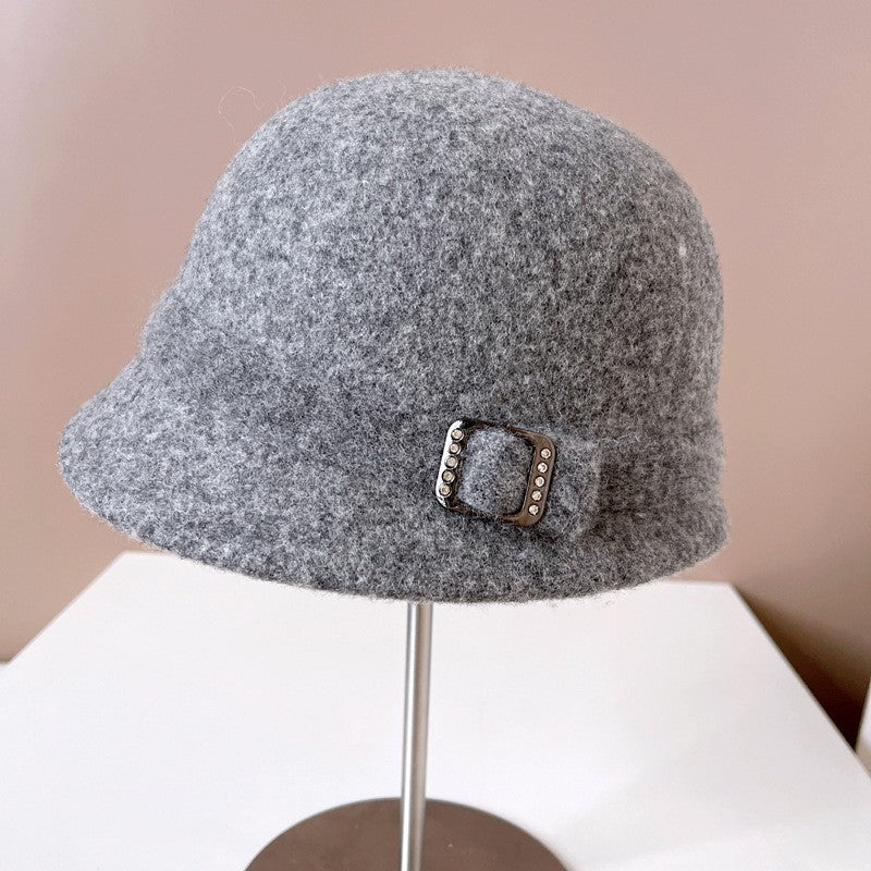 Chapéu de Lã Japonês Feminino Outono Inverno Quente de Tricô Fivela de Diamante Fita Chapéu de Pescador Chapéu de Bacia Pequena Frente e Verso