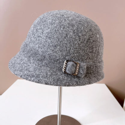Chapéu de Lã Japonês Feminino Outono Inverno Quente de Tricô Fivela de Diamante Fita Chapéu de Pescador Chapéu de Bacia Pequena Frente e Verso