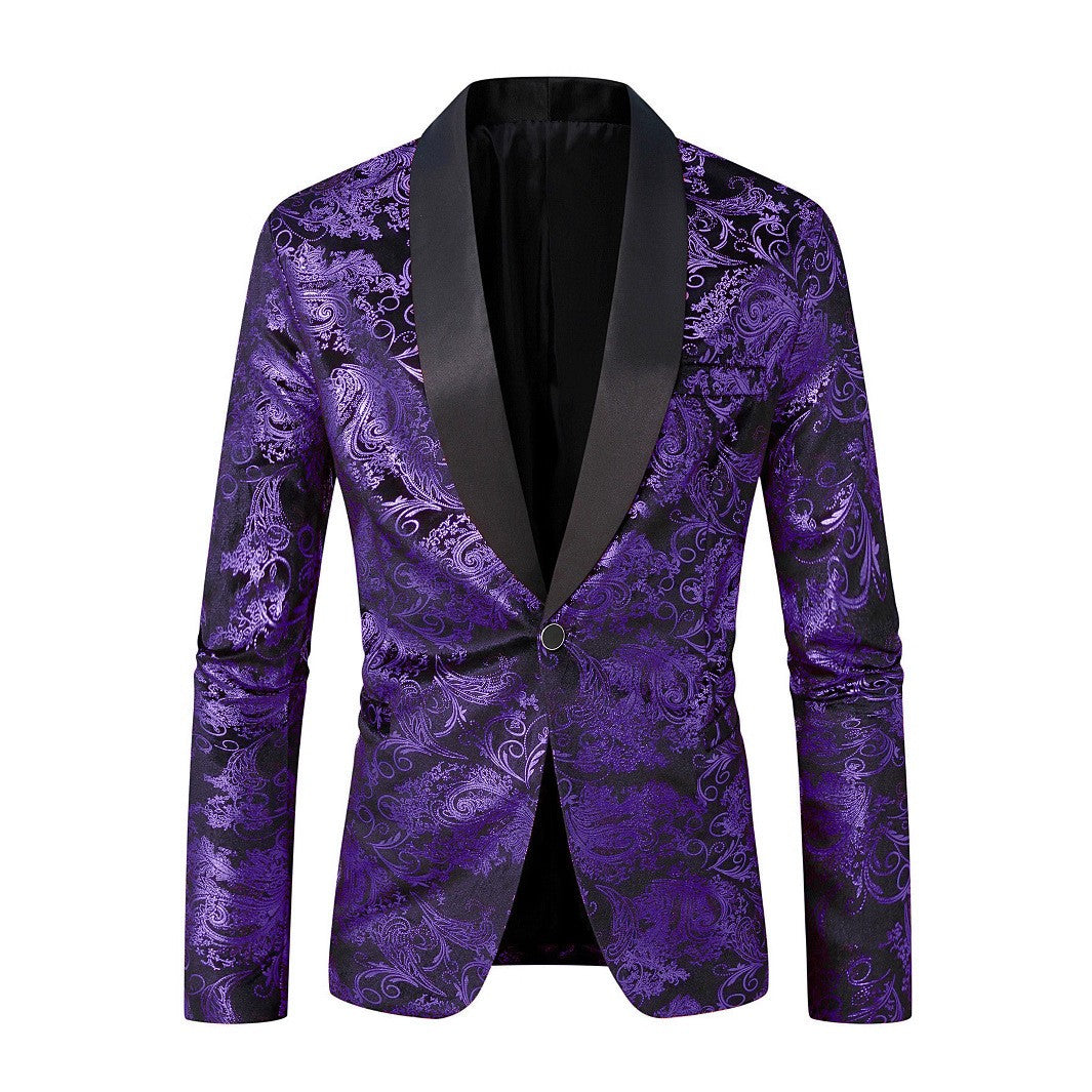 Men's Purple Print Suit Jacket Burgundy Long Sleeve Black Collar Single Button Coat for Wedding Party Stage Performance