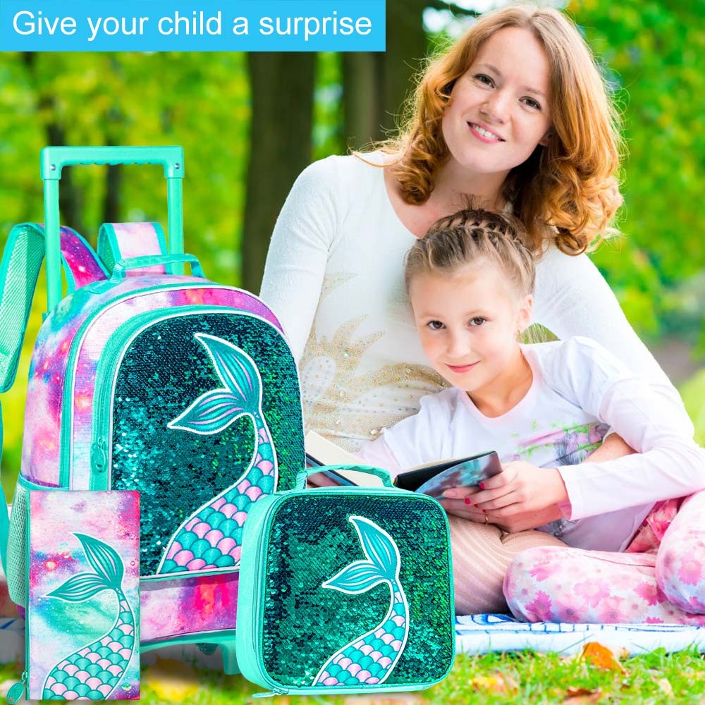 Mochila de Rodinhas 3 Peças para Meninas e Meninos, Bolsa Escolar com Rodas para Crianças, Mochila com Rodas com Lancheira
