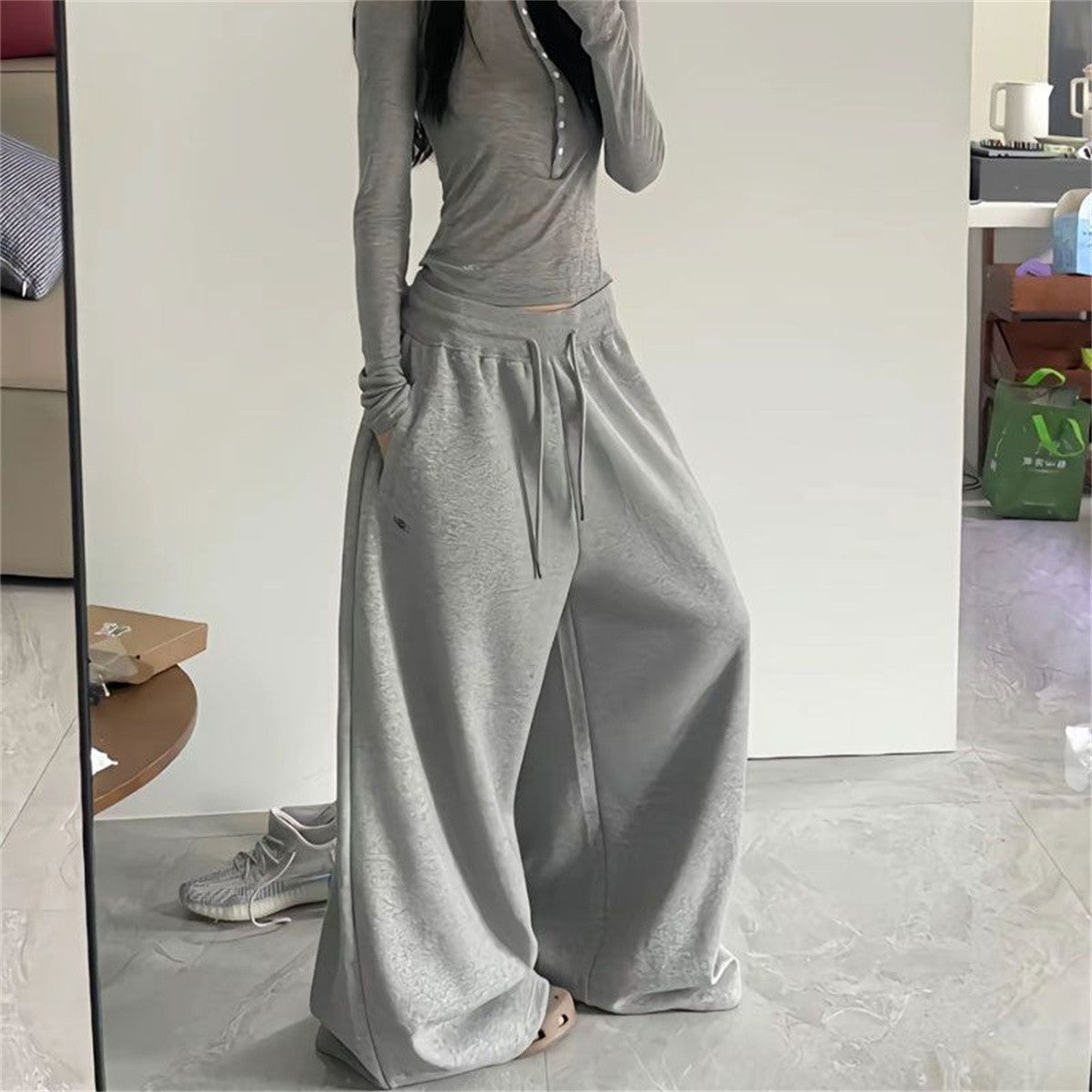 Oversize Woman Grey Black Sweatpants Y2K Korean Streetwear Loose Casual Jogger Pants High Waist All Match Drawstring Trousers